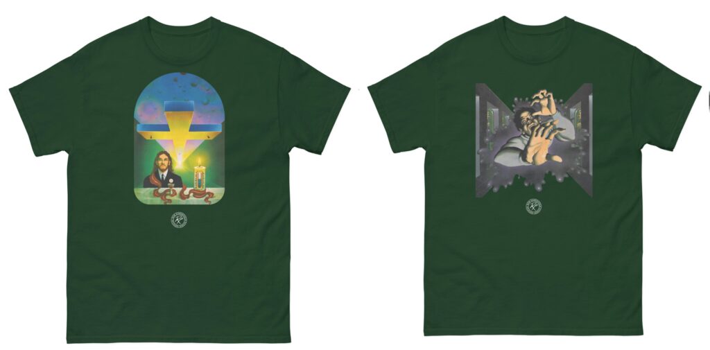 Bob Haberfield's Moorcock T-shirts Behold the Man and The Black Corridor