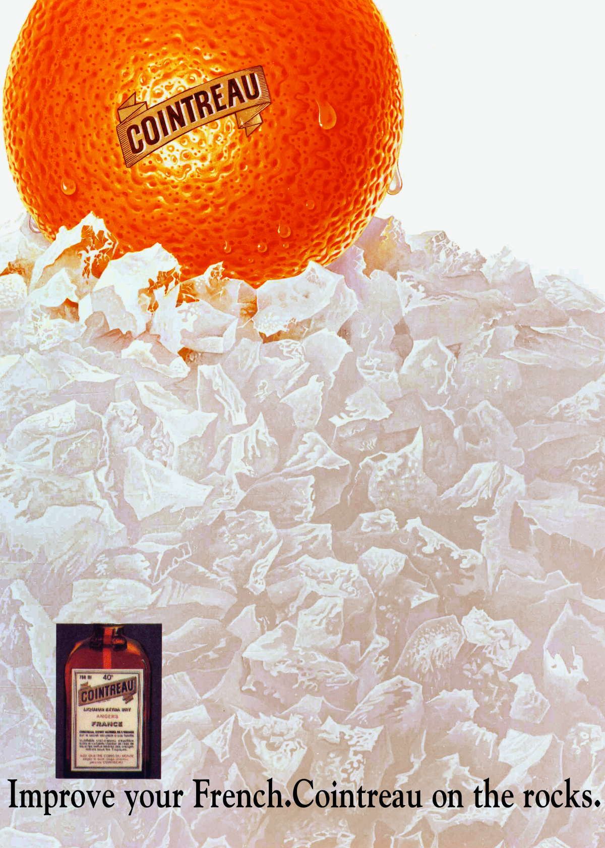Cointreau advertising illustration by Bob Haberfield featuring an orange on crushed ice
