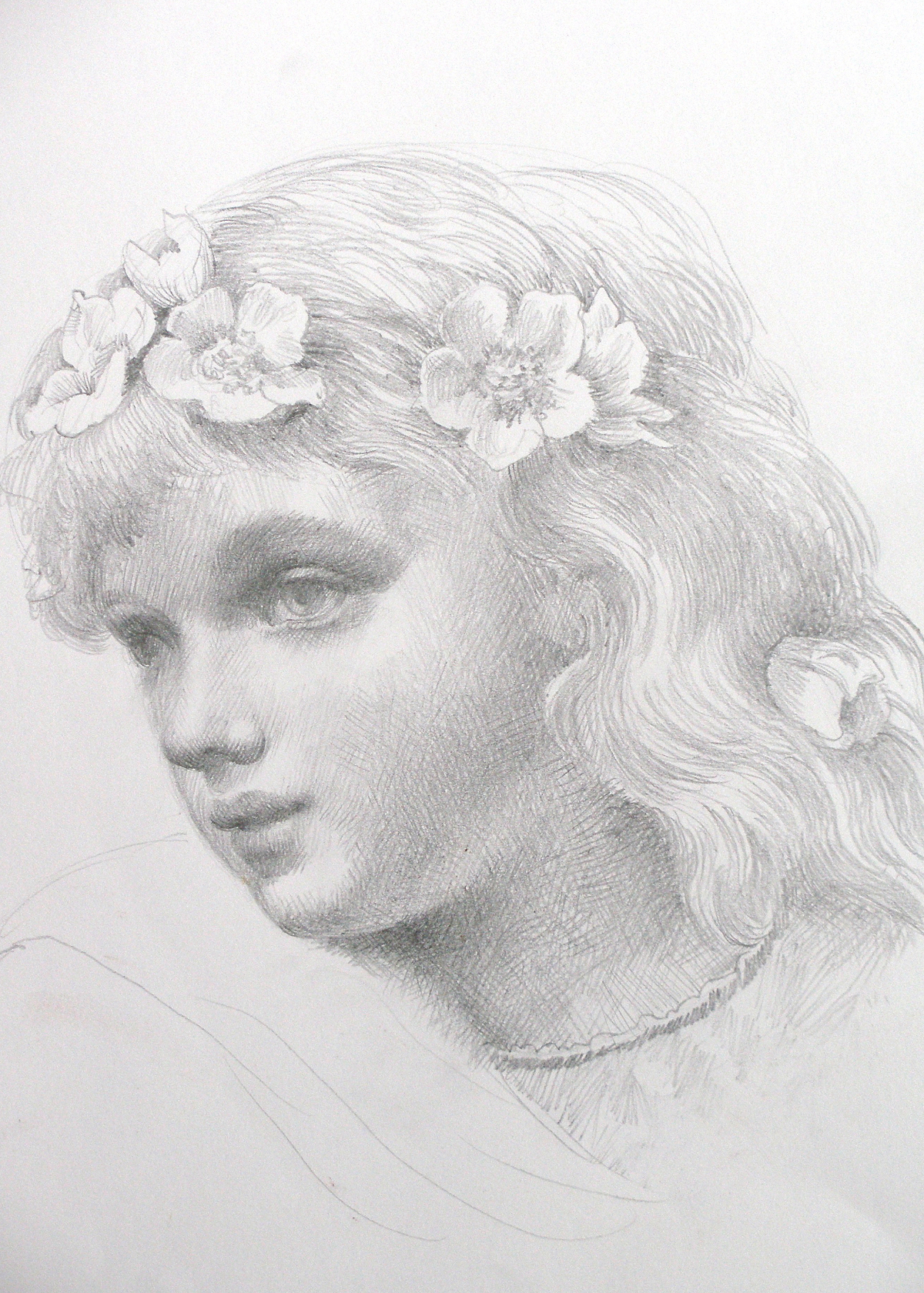 Pencil portrait drawing of a woman with flowers in her hair by Bob Haberfield