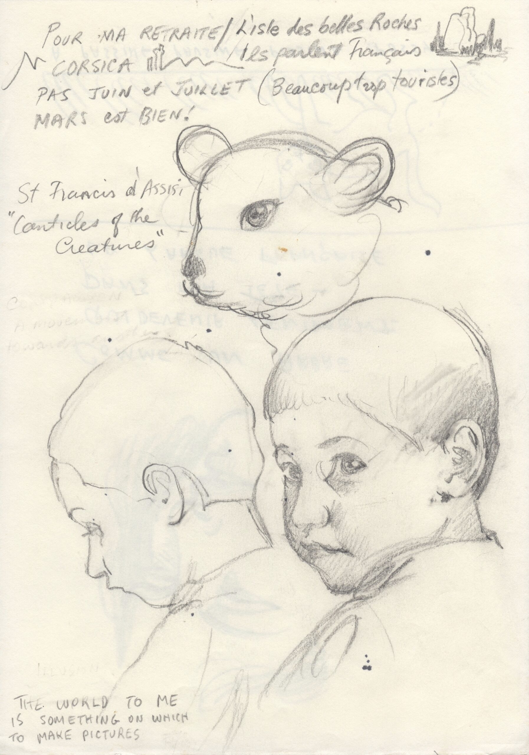 Bob Haberfield sketchbook page with pencil studies of children and a lamb